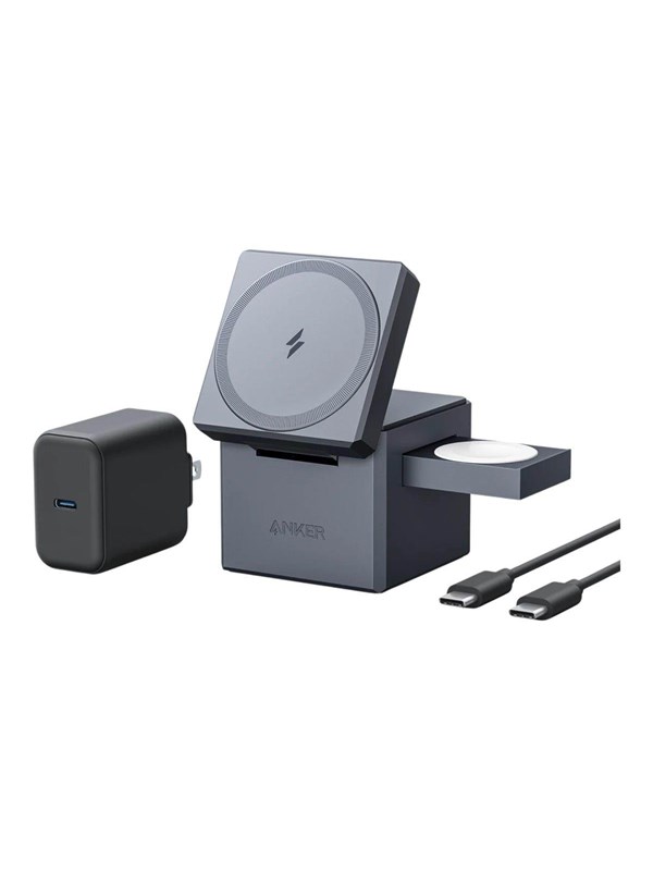 Anker 3-in-1 15W Cube with MagSafe - Grey Mobil Adaptere Opladere