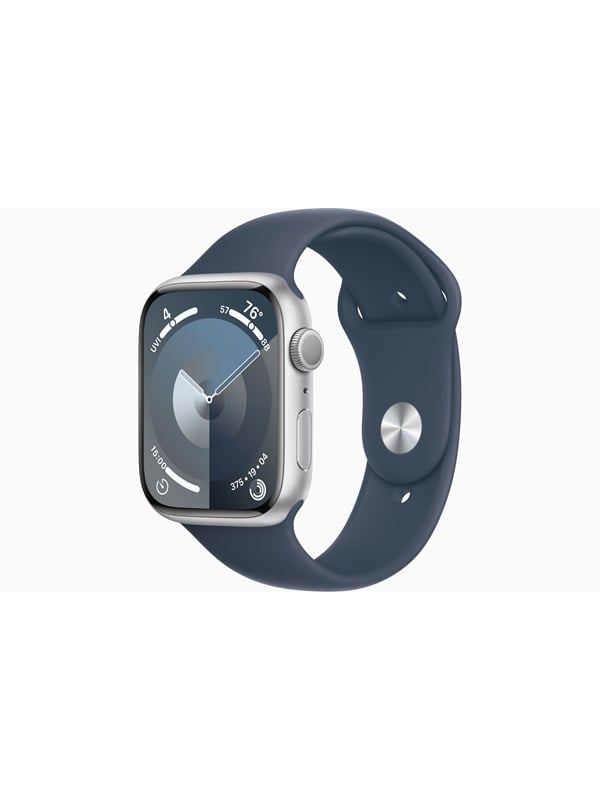 Apple Watch Series 9 GPS 45mm - Silver Aluminium Case with Storm Blue Sport Band - M/L Smartwatch Sportsur Aktivitetstracker