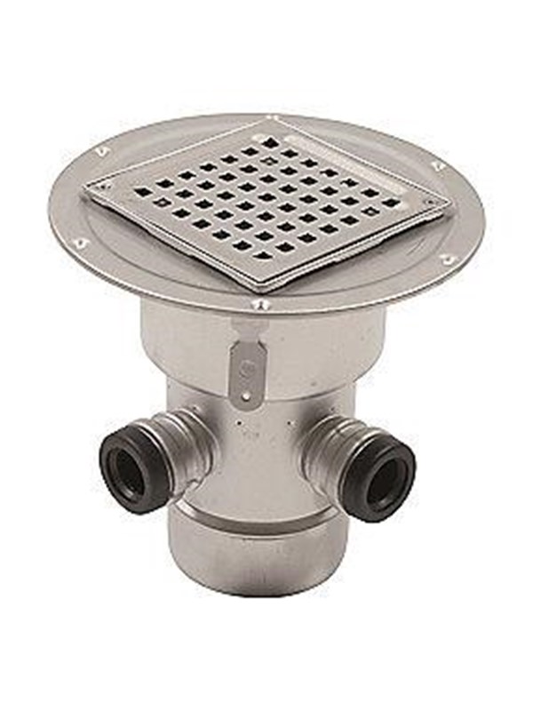 Blücher Square gulvafløb med lodret Ø110 mm afløb og sideindløb samt smøremembran. Til beton & fliser. Rustfrit stål Afloeb