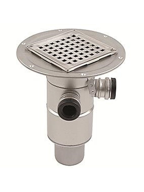 Blücher Square gulvafløb med lodret Ø75 mm afløb og 2 sideindløb samt smøremembran. Til beton & fliser. Rustfrit stål Afloeb