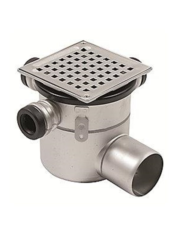 Blücher Square gulvafløb med vandret Ø75 mm afløb og 3 sideindløb. Til beton & fliser. Rustfrit stål Afloeb