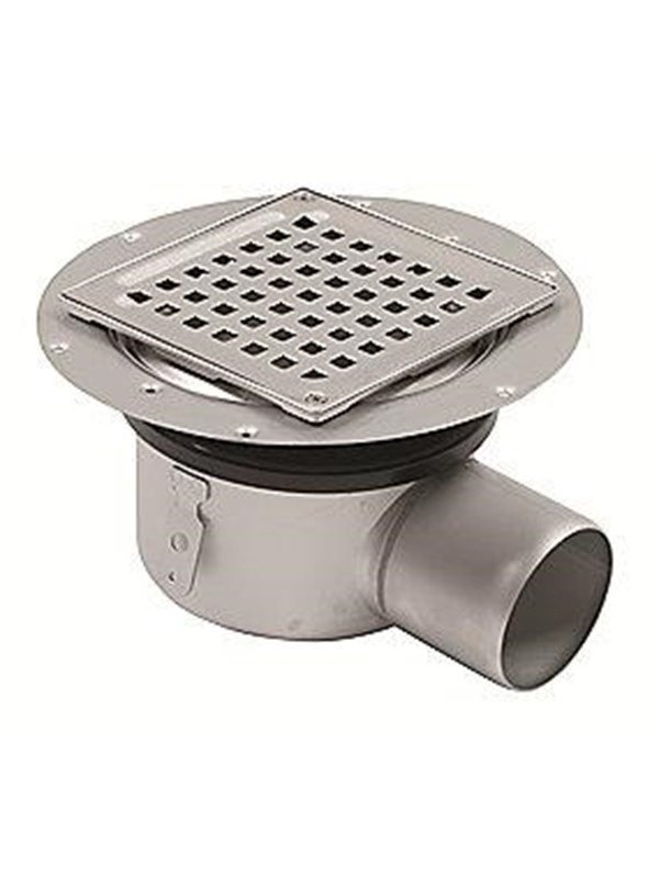 Blücher Square gulvafløb med vandret Ø75 mm udløb. Til klembane med membrandug. Beton og fliser. Rustfrit stål Afloeb