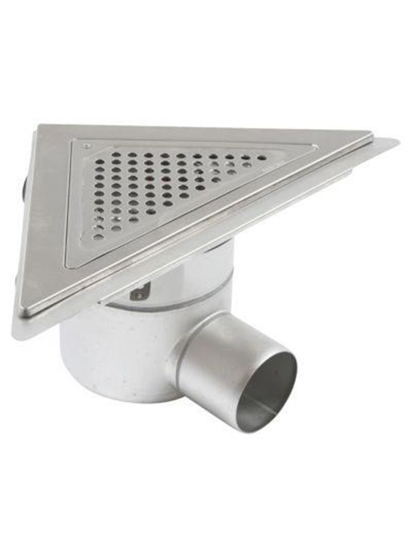 Blücher Trio gulvafløb med vandret Ø75 mm udløb trekantet samt smøremembran sideudløb. Til beton & fliser. Rustfrit stål Afloeb