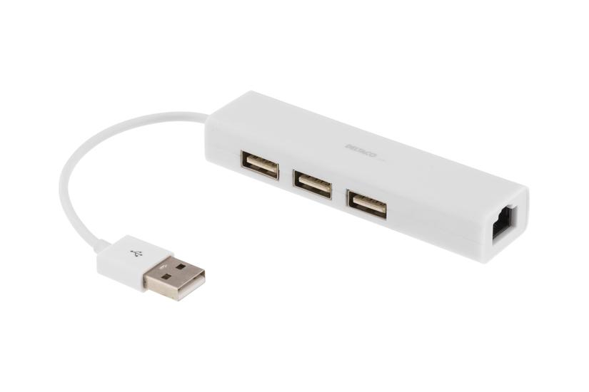 DELTACO USB 2.0 til 3X USB / RJ45 - Hvid PC