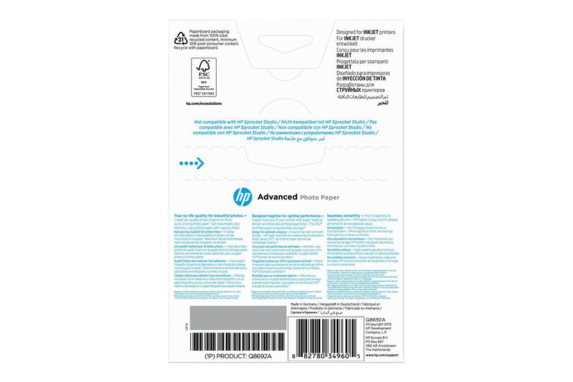 HP Advanced Glossy Photo Paper - fotopapir - skinnende - 100 ark - 100 x 150 mm - 250 g/m² IT og elektronik > Scan/Print > Papir til print > Fotopapir