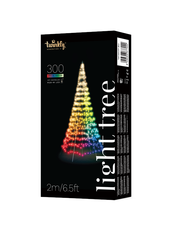 Twinkly Light Tree - 2 Meters Flag-pole Tree with 300 RGB + Warm White LEDs. Black Wire. Pole Included. Smart Home