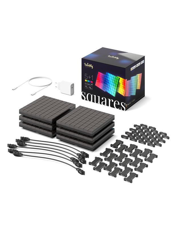 Twinkly Squares Starter Kit - 5+1 App-controlled LED Panels with 64 RGB Pixels. Black. Smart Home