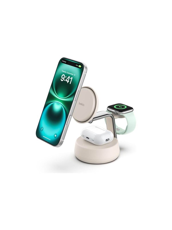 Belkin UltraCharge Pro wireless charging stand - 3-in-1 Qi2 - + AC power adapter - 25 Watt Mobil Adaptere Opladere