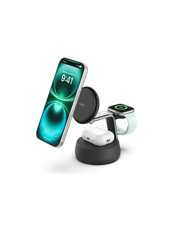 Belkin UltraCharge Pro wireless charging stand - 3-in-1 Qi2 - + AC power adapter - 25 Watt Mobil Adaptere Opladere