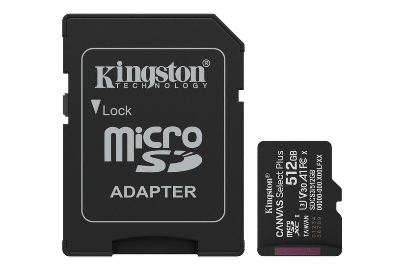 Kingston Technology 512 GB microSDXC Canvas Select Plus Gen3 150 MB/s A1-kort + adapter IT og elektronik > Hardware > Lagring og backup > Flash Hukommelse > Flash Kort